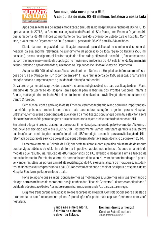 Hospital universitário da USP: funcionários conseguem 48 milhões no orçamento 2018