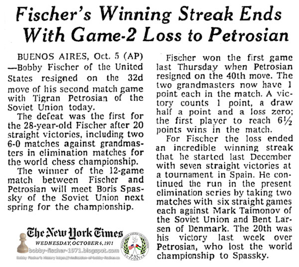 Fischer's Winning Streak Ends With Game 2 Loss to Petrosian
