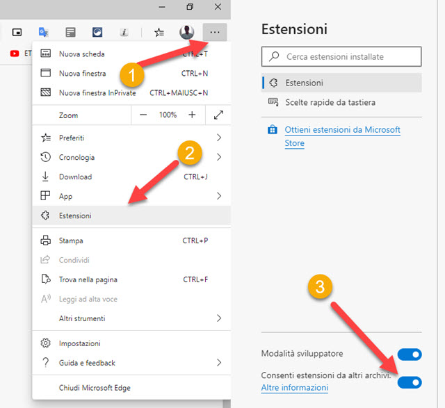 consentire installazione estensioni di edge anche da altri archivi