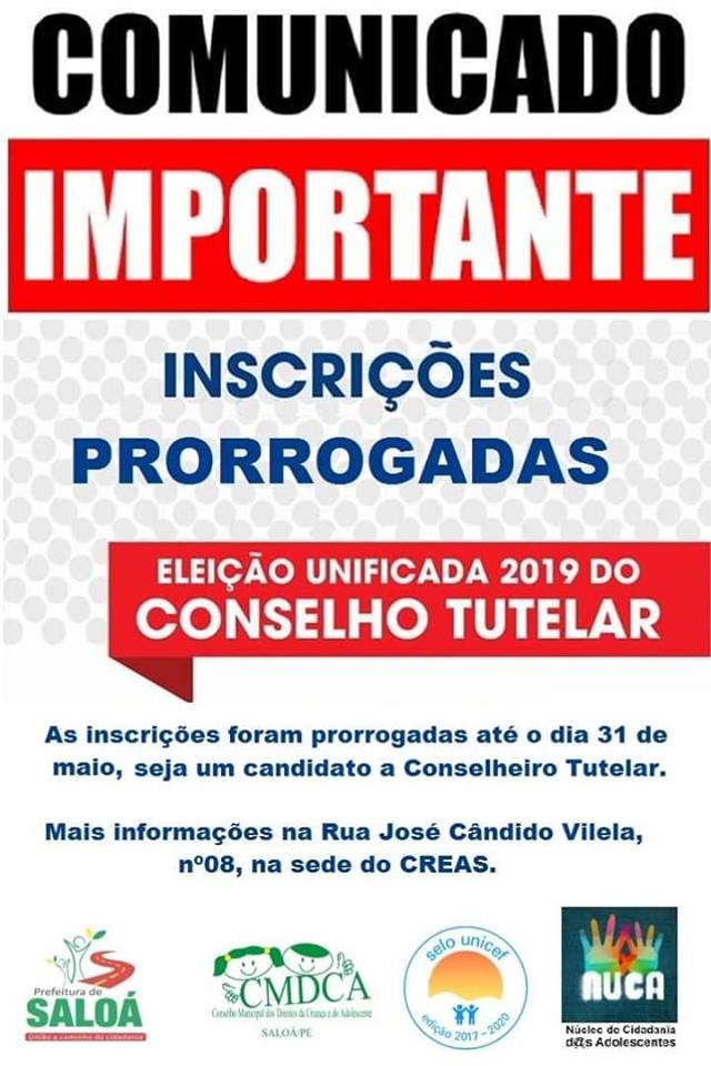 Prorrogado o prazo para inscrições ao cargo de Conselheiro Tutelar de Saloá.