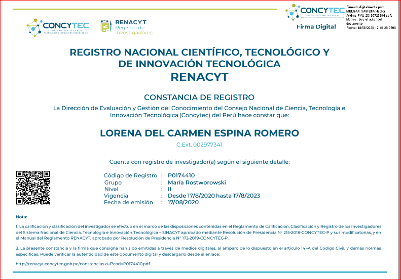 Registro Investigador Renacyt Dra. Lorena Espina Romero