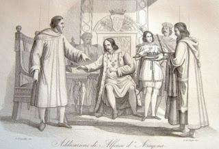 A drawing depicting the scene of Alfonso's abdication in favour of his son, Ferdinand II
