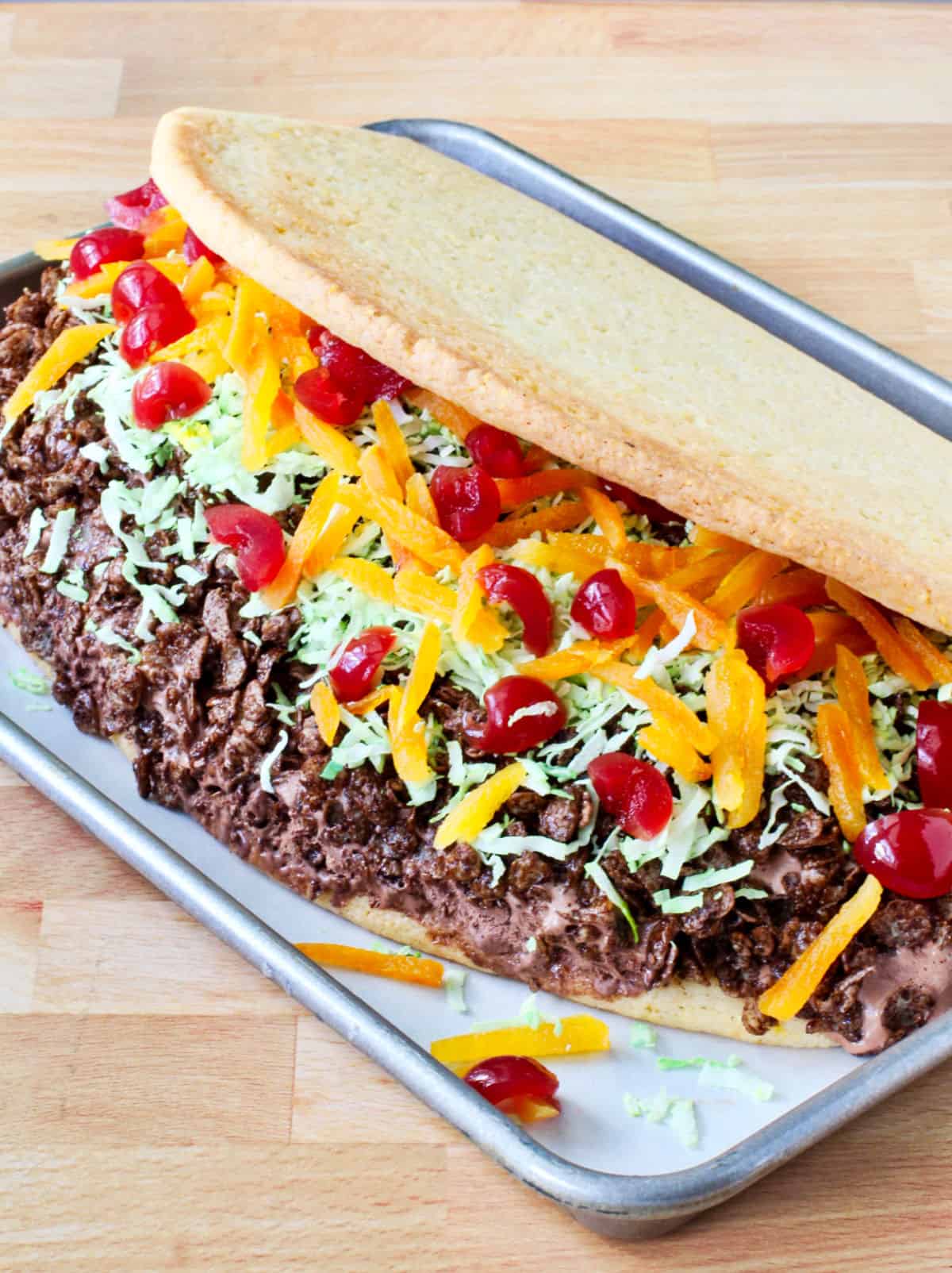 Big Ice Cream Taco Assembled on a baking sheet.