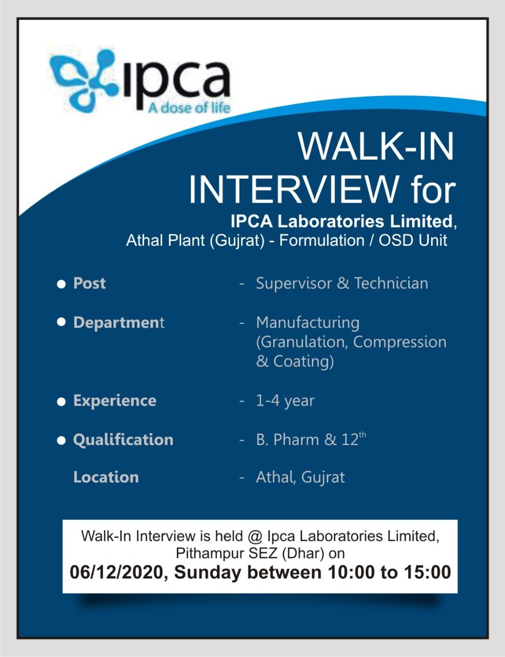 Walk In Interview IPCA Laboratories Limited...