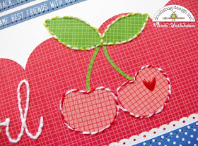 Doodlebug Design Cherry Themed Layout by Mendi Yoshikawa using Stitching with Baker's Twine