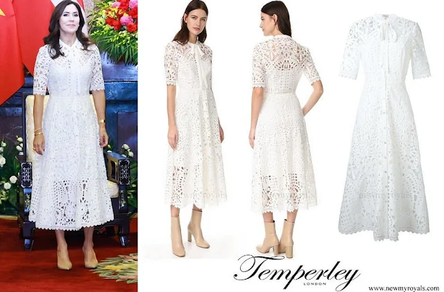 Crown Princess Mary wore Temperley London Berry white lace neck-tie dress