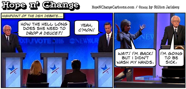 obama, obama jokes, political, humor, cartoon, conservative, hope n' change, hope and change, stilton jarlsberg, democratic, debate, bernie sanders, hillary, bathroom