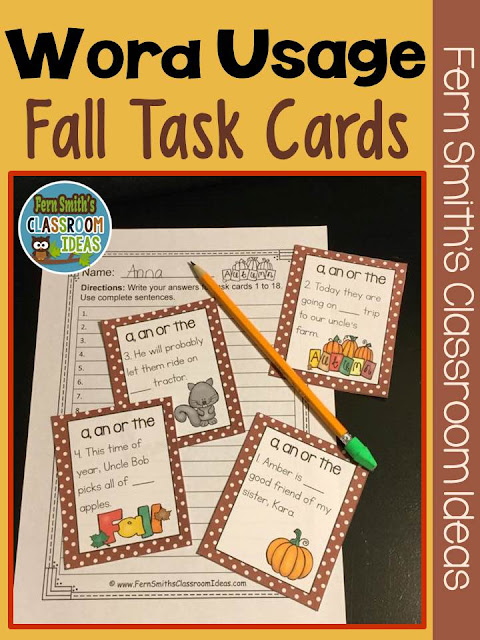 Fern Smith's Classroom Ideas Fall Correct Article Usage Task Cards, Definition Posters, Recording Sheets and Answer Keys Perfect for Back to School and Autumn Scoot, Centers and Homework at TeacherspayTeachers.