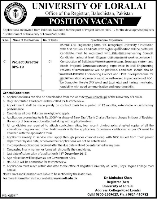 Latest Jobs in University of Loralai Balochistan 2017 for Project Director