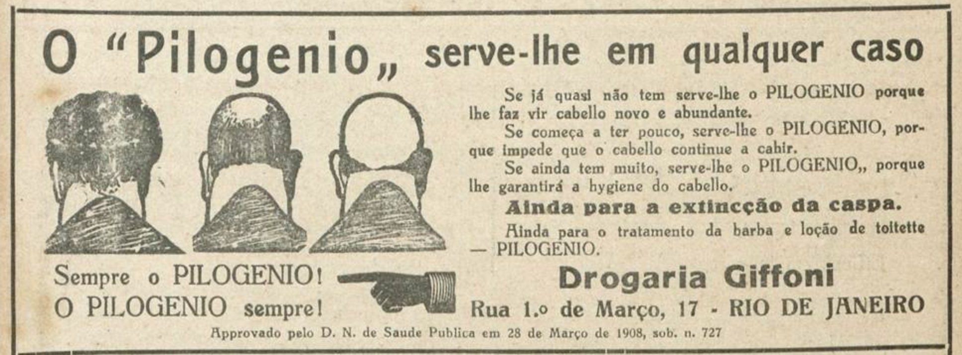 Propaganda antiga do tônico capilar Pilogênio em 1925