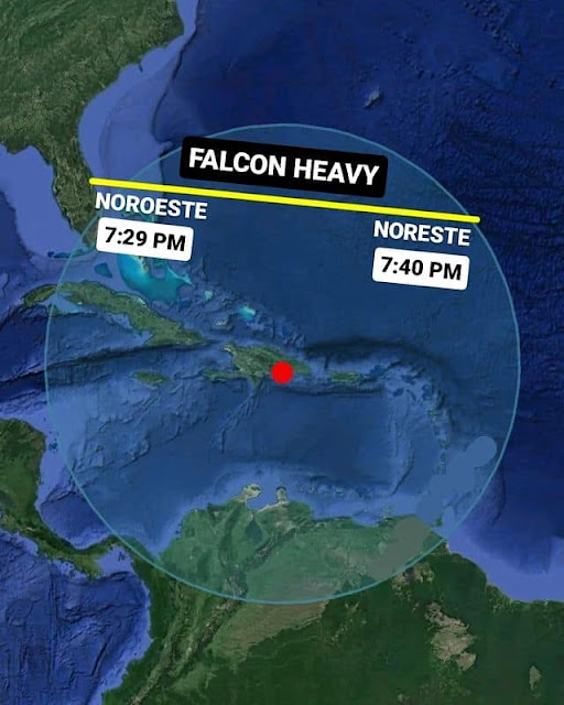 Esta noche podría ser visible desde República Dominicana y Puerto Rico la gran estela brillante del cohete Falcon Heavy: entre 7:35 y 7:40 PM
