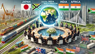 Illustration of Japan-India-Africa Forum showcasing trade, infrastructure, and strategic economic partnerships for development.