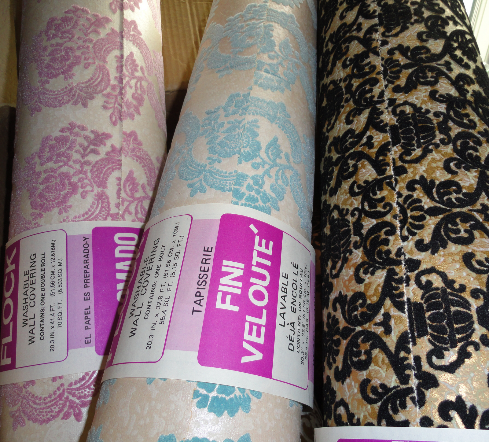 ... thrilled when I found new rolls of vintage flocked wallpapers at a