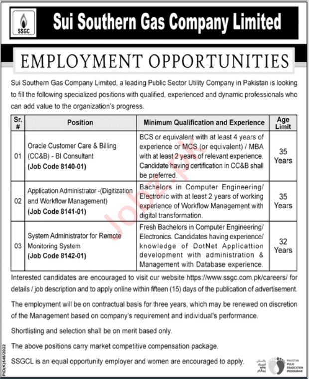 Latest Sui Southern Gas Company Limited SSGC Management Posts Karachi 2022