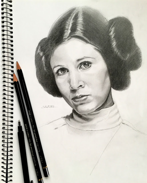 Dibujo a lápiz de Leia Organa Star Wars.