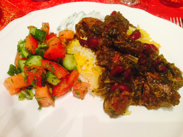 Persian saffron rice, Ghormeh Sabzi and Shirazi salad