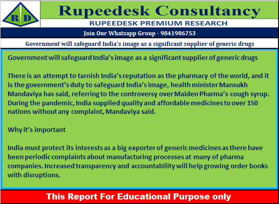 Government will safeguard India’s image as a significant supplier of generic drugs - Rupeedesk Reports - 23.12.2022