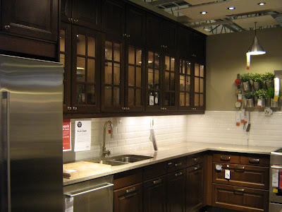 Kitchen Design Wood on Dark Wood Cabinets With Glass Door Uppers  Lit Inside  White Glossy