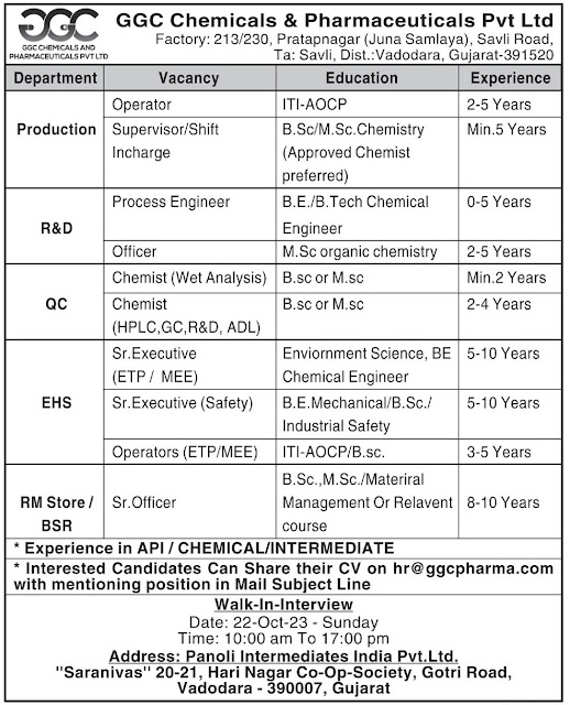 GGC Chemicals & Pharmaceuticals Walk In Interview For Production/ R&D/ EHS/ QC/ Safety/ Store/ Process