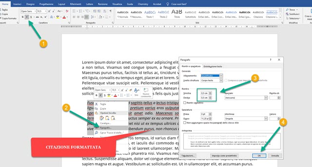 formattazione della citazione in word