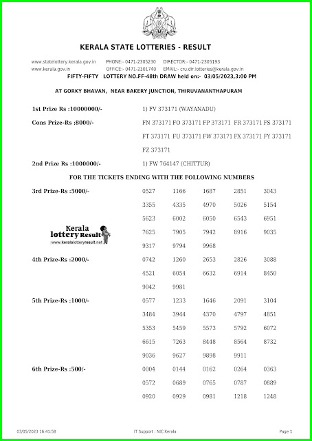 Off. Kerala Lottery Result; 03.05.2023 Fifty Fifty Lottery Results Today "FF 48"