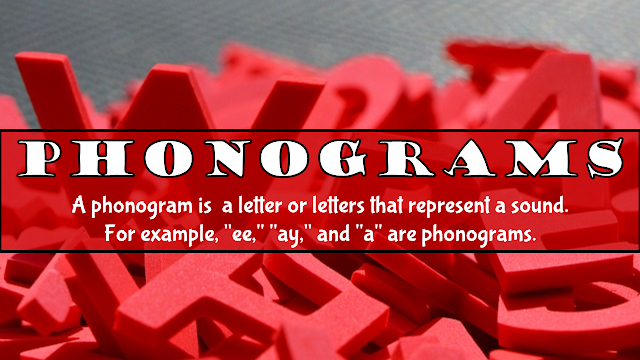 A phonogram is a letter or letters that represent a sound. For example, "ee," "ay," and "a" are phonograms.