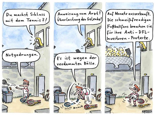 DFL, Tennisbälle, Mülltonne, Stadion, Bundesliga, Proteste, Fans, Ultras, WamS, Rürup, Comic, Cartoon