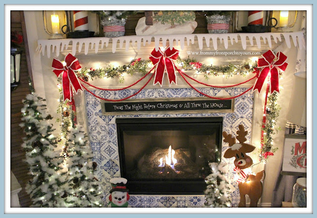 Vintage- Inspired- Cottage -Farmhouse- Christmas- Mantel-DIY-Chalkboard-Sign-Peel & Stick-Tile-Felt-Bows-From My Front Porch To Yours