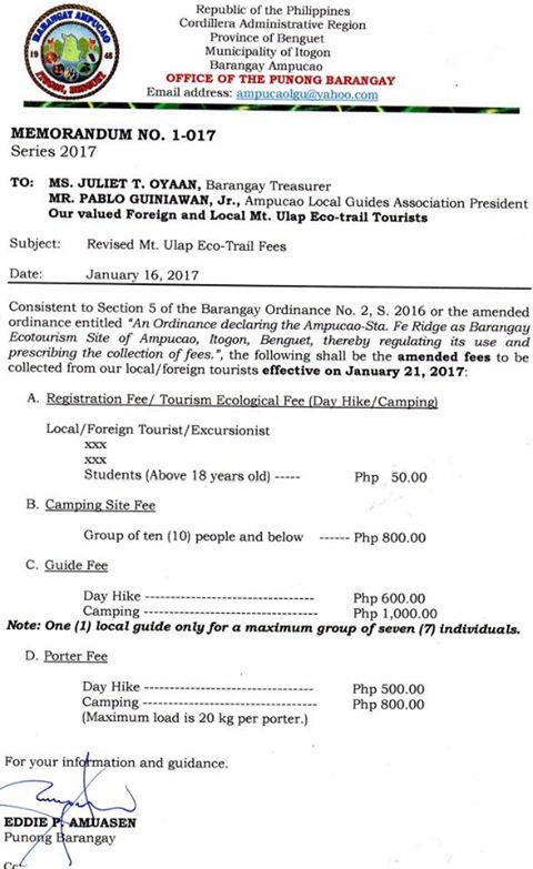 Revise entrance fee on mount ulap or memorandum 