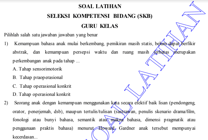 Contoh Soal Seleksi Kompetensi Bidang ( SKB ) Guru Kelas ...