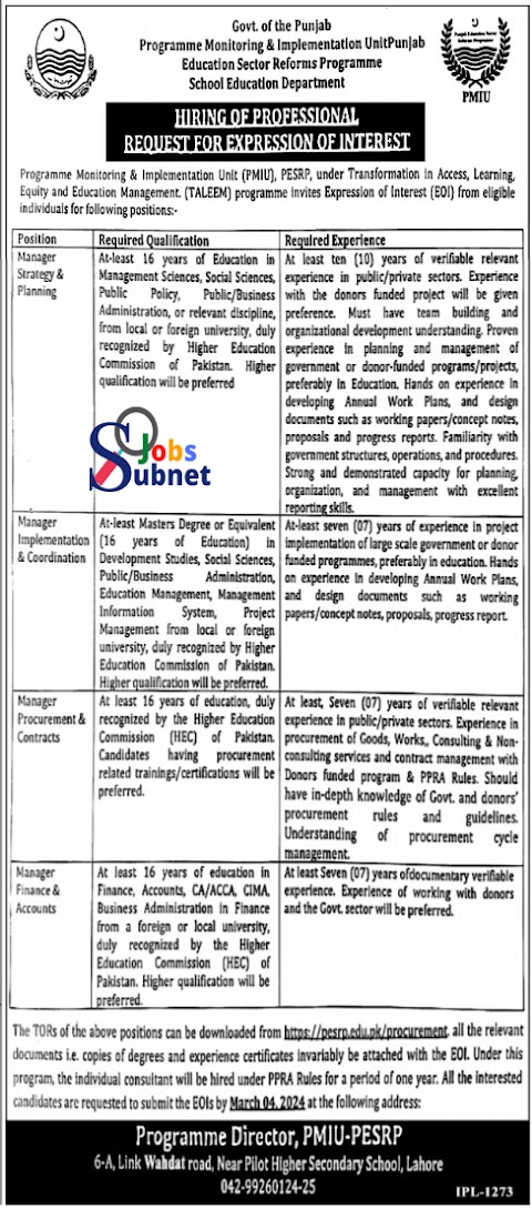 School Education Department Punjab Jobs 2024 Online Apply