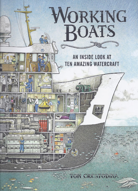 Cover of the picture book Working Boats: An Inside Look at Ten Amazing Watercraft, shows a cross-section of NOAA Research vessel