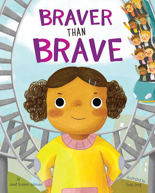 Book cover of Braver than Brave. Wanda, a tan-skinned girl with curly brown hair stands in front of a roller coaster