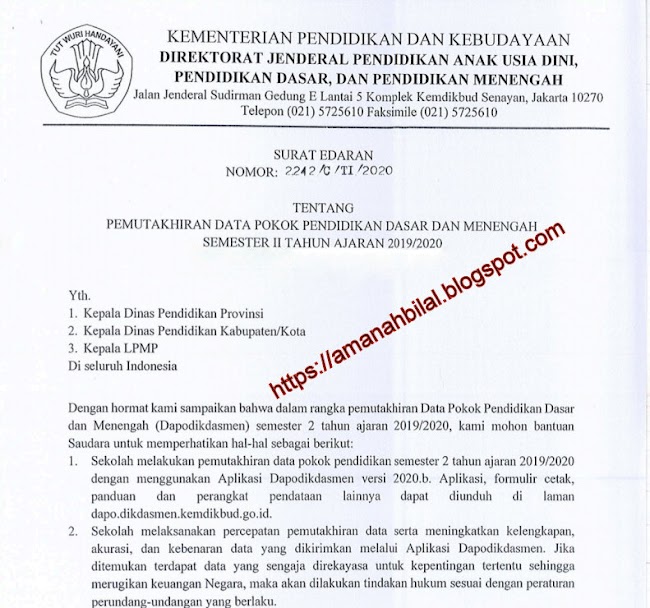 Surat Edaran Pemutakhiran DAPODIKDASMEN Semester II Terabru Tahun 2020