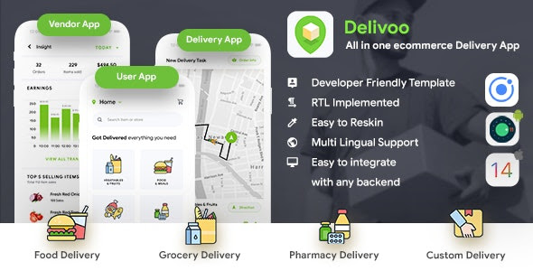 eCommerce Delivery Android v2.2 + iOS App Template | 3 Apps User +
Vendor + Delivery | IONIC 5 | Delivoo