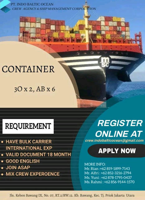 Job Pelaut Kapal Container 3rd Officer, AB Bulan November 2023