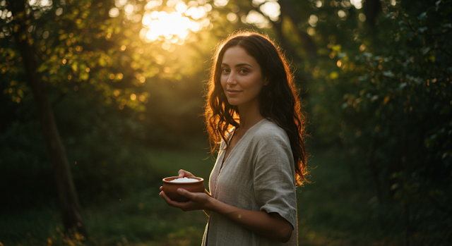A woman standing in a sunlit forest holding a small bowl, symbolizing the connection between gut health, natural foods, and overall well-being