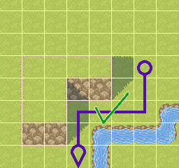 A screenshot of a top-down level, showing a path across tiles.