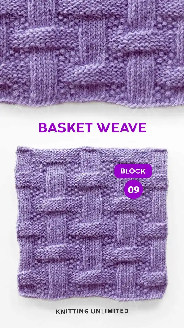 Basketweave pattern. Knit Purl Square No.09. This pattern creates a basketweave texture with alternating blocks of knit and purl stitches