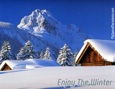 Enjoy the Winter: Mountain, Snow, Huts (white, blue, brown, fir, pine, trees, mountain peak)