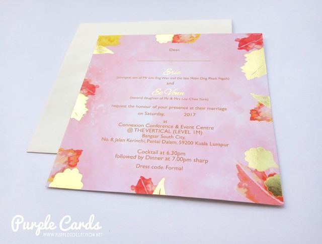 watercolour, wedding card, invitation, invites, art card, printing, malaysia, kl, kuala lumpur, tie the knot, save the date, leaf, leaves, gold stamping foil, silver, connexion conference & event centre, map, online order, express, 婚礼邀请卡, chinese wedding card, peonies, peony, sample, portfolio, mock up, express, designer, design, custom, bespoke, elegant, unique, special