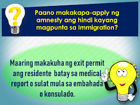 Filed under the category of Abu Dhabi, Al Ain, consulates, Crackdown, Dubai, Embassies, Emirati population, EXPATRIATES, Filipinos in the UAE, illegal residency, illegal residents, ofw, overseas Filipinos workers, United Arab Emirates  There are almost 700,000 overseas Filipinos workers (OFW) living in the United Arab Emirates (UAE), 450,000 of which live in Dubai comprising 21.3% of the total population of Dubai. It is the largest population of Filipinos in the UAE, followed by Abu Dhabi and Al Ain. OFWs in the UAE sent over US$500 million in remittances to the Philippines. The UAE is home to over 200 nationalities. Emirati population is only about 20% of the total population.   To address illegal residency issues, the UAE government is giving amnesty to the expatriates, giving them a chance to correct their residency status before the anticipated crackdown on illegal residents. The amnesty 3-month amnesty period will begin on August 1 until October 31 this year.  Embassies and various consulates representing the expatriates are also expected to coordinate with its nationals during the amnesty period.  Advertisement         Sponsored Links         Expatriates who are staying illegally in the UAE are encouraged to apply for the amnesty. For more information and guidance about what the amnesty is all about and how to avail of it, please check out these useful questions and answers concerning the amnesty to be given to the expats who have issues with their residency in the Gulf state.  1. What is the duration of the amnesty?  Residents can avail of the amnesty for three months from August 1 to October 31  2. Who are the people eligible for amnesty?  The individuals who are staying illegally in the country can apply for amnesty.  3.  What are the two options available for illegal residents under amnesty? Those who wish to exit the country can go back to their home countries without paying fines or facing a jail term. Or individuals can regularise their status by getting a new visa under a sponsor.  4.  Will those who entered the country illegally be given amnesty?  Yes. But they will exit the country with a two-year ban.  5. Will there be a permanent ban on reentering the UAE for those who avail of amnesty?  No. There will be no ban, and people can re-enter the country on valid visas.  6.  Will the applicant have to pay to overstay fines before modifying their illegal status?  No. Applicants of amnesty will get a waiver on all overstaying fines.  7. What kind of violations will not fall under the amnesty scheme? People who have been blacklisted and also those who have legal cases against them are not eligible for amnesty. All residency violations will fall under the amnesty scheme.  8. Can those who have an absconding report against them apply for amnesty?  Yes, Immigration authorities will remove the absconding report and issue exit permit without a ban.  9. Can applicants who modify their status apply for jobs in the UAE? A: Yes. Applicants can register in the virtual job market available on the website of the Ministry of Human Resources and Emiratisation  10. How long can those who modified their residency status stay in the country to look for jobs? A: People looking for jobs can obtain a six-month temporary visa to look for employment.  11. How can residents apply for amnesty?  A: Illegal residents wishing to exit the country can approach the Immigration department and get an exit permit.  12. What are the documents residents need to submit? A: Residents need to submit the original passport or EC (emergency certificate). They also need to submit an air ticket along with the application.  13. What is the fee for applying for exit permit? A: A fee of AED220 is charged on the exit permit.  14. What is the fee for modifying residency status? A: A fee of AED500 is charged.  15. Can residents without passports apply for amnesty? A: Yes, Residents without passports can also apply.  16. What is the time period to exit the country after getting the exit pass? A: Individuals have to exit within 10 days of getting the exit pass.  17. How can those who cannot come to the Immigration apply for amnesty? A: Immigration will issue exit permits based on medical reports or letter from the embassy or consulate.  18. How many amnesty service centers have authorities established across the UAE? A: A total of nine centers have been established at the centers of the General Directorates of Residency and Foreign Affairs across the UAE.  19. Where are the centers in Abu Dhabi located? A: Al Ain, Shahama, and Al Garbia  20. Where can people submit their documents in Dubai? A: At Al Aweer Immigration center  21. What is the location for other emirates? A: The amnesty centers are located at the Immigration Offices in the emirates.  22. What are the timings for the centers? A: The amnesty service centers will open from 8am to 8pm.  Families coming from war-torn countries like Syria and Yemen will be granted a one-year residence visa without restrictions attached.    Meanwhile, a social media post from the Philippine Embassy in the UAE said that for the OFWs who wish to be repatriated to the Philippines, the Philippine government will shoulder their one-way plane ticket and other fees.   However, the embassy clarifies that it is only applied to only those who are willing to go back home.  For more information regarding the details of the amnesty, keep in touch with  Philippine Embassy in Abu Dhabi or send an email to atn.abudhabi@gmail.com    For those who are in Dubai and the Northern Emirates, they can go to the Philippine Consulate in Dubai  or send an email to amnesty@pcgdubai.ae or call 04 220 7100    Filed under the category of Abu Dhabi, Al Ain, consulates, Crackdown, Dubai, Embassies, Emirati population, EXPATRIATES, Filipinos in the UAE, illegal residency, illegal residents, ofw, overseas Filipinos workers, United Arab Emirates  READ MORE:  Find Out Which Country Has The Fastest Internet Speed Using This Interactive Map    Find Out Which Is The Best Broadband Connection In The Philippines   Best Free Video Calling/Messaging Apps Of 2018    Modern Immigration Electronic Gates Now At NAIA    ASEAN Promotes People Mobility Across The Region    You Too Can Earn As Much As P131K From SSS Flexi Fund Investment    Survey: 8 Out of 10 OFWS Are Not Saving Their Money For Retirement    Can A Virgin Birth Be Possible At This Millennial Age?    Dubai OFW Lost His Dreams To A Scammer    Support And Protection Of The OFWs, Still PRRD's Priority