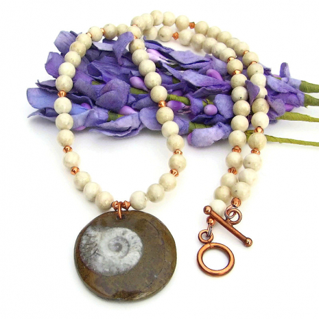 fossil ammonite necklace with riverstone and copper