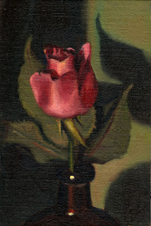 Oil painting of a pink rose with leaves in the neck of a brown glass bottle.