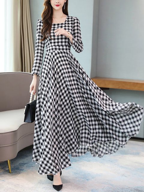 Fashion Scoop Neck Plaid Maxi Dress