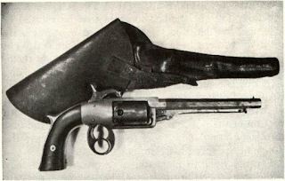 Predecessor to Civil War model was “Figure Eight” Savage Navy revolver so called because of front guard shape matching lever to make an “8.” Hinged lever was later abandoned for creeping lever that was infringement upon Root’s patent owned by Colt. Figure-8 guns have brass frames.