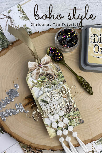 Boho style Christmas Tag made with P13 scrapbook papers, lace and a Scrapbook.com die