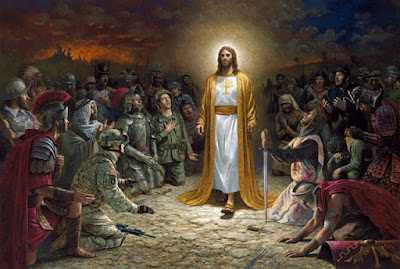 jesus christ painting kneeling glowing surrounded by people