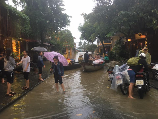 The street view in Hoi An, Vietnam during flooding