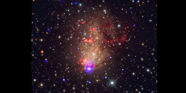 This new composite image of IC 10 combines X-ray data from Chandra (blue) with an optical image (red, green, blue) taken by amateur astronomer Bill Snyder from the Heavens Mirror Observatory in Sierra Nevada, California. The X-ray sources detected by Chandra appear as a darker blue than the stars detected in optical light. Credit: X-ray: NASA/CXC/UMass Lowell/S.Laycock et al. Optical: Bill Snyder Astrophotography